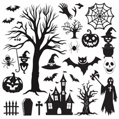 Haunted House Edition, Halloween Silhouettes, Set of Happy Halloween design elements on white background