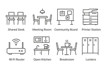 Coworking Space and Office Amenities Line Icons
