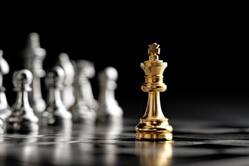 A gold king chess piece stands triumphantly over fallen silver pawns on a black background, with ample copy space. 