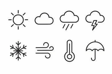 Minimalist weather icons: sun, cloud, rain, lightning, snowflake, wind, thermometer, umbrella.