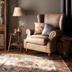 Comfortable reading space with a plush armchair, soft lighting, and a decorative rug to relax in.