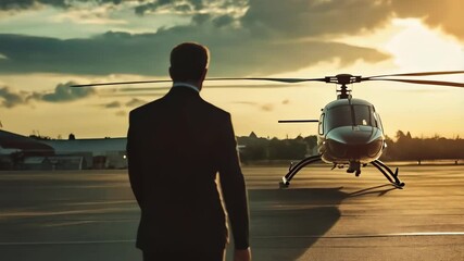 Back of businessman walking to helicopter 