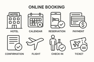 Online booking icons: hotel, calendar, reservation, payment, flight, check-in, ticket.