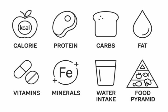 Nutritional icons set: calorie, protein, carbs, fat, vitamins, minerals, water, food pyramid.
