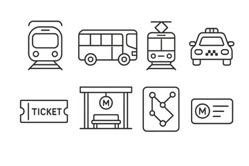 Public transportation icons: bus, tram, train, taxi, ticket, station signage.