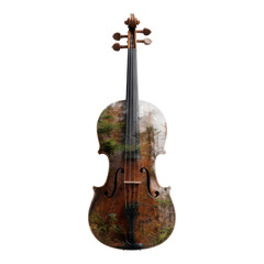 Naklejka premium A violin featuring a detailed overlay of a forest scene on its body.