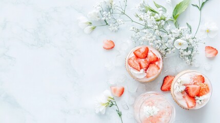 Strawberry Topped Desserts with White Flowers on a Marble Surface. Sweet Vegetarian Treat Delicious Cupcakes Ice Pieces