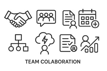 Team collaboration icons: communication, productivity, workflow elements.