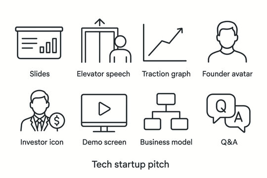Tech startup pitch elements: graphs, avatars, models, speech
