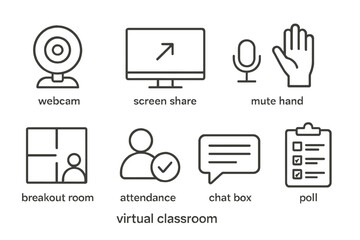 Virtual classroom tools icons: webcam, screen share, mute hand, breakout room, attendance, chat box, poll.