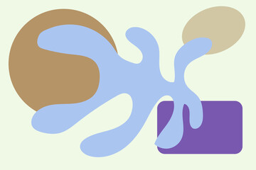 Abstract composition with a blue organic shape brown circle tan oval and purple rectangle on a pale background