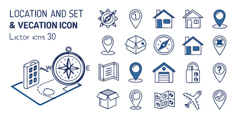 Location & Navigation Icon Set – Vector GPS, Map, Compass, and Route Icons in Blue Style