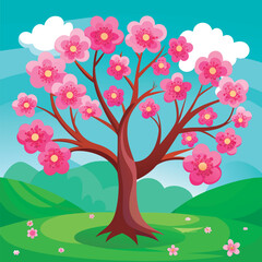 Springtime blossom tree in a meadow.