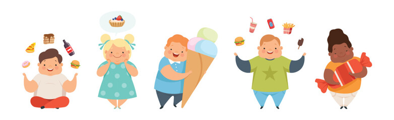 Overweight Boy and Girl Character Eating Fast Food Vector Set