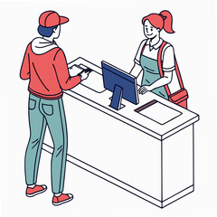 Vector illustration of service center counter with technician and customer, isolated on transparent background