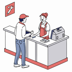 Vector illustration of service center counter with technician and customer, isolated on transparent background
