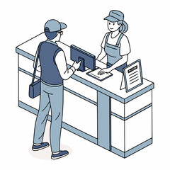 Vector illustration of service center counter with technician and customer, isolated on transparent background