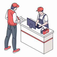 Vector illustration of service center counter with technician and customer, isolated on transparent background