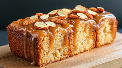 Sweet Dessert Cake With Almonds And Caramel Glaze On Wooden Board. Delicious Vegetarian Food. Tasty Homemade Bake Ready To Eat.