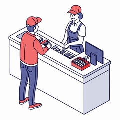 Vector illustration of service center counter with technician and customer, isolated on transparent background