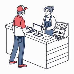 Vector illustration of service center counter with technician and customer, isolated on transparent background