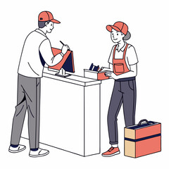 Vector illustration of service center counter with technician and customer, isolated on transparent background