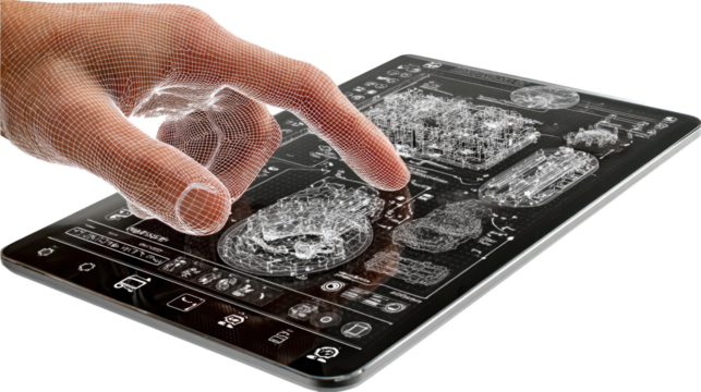 Futuristic Tech Interaction: A close-up shot of a finger interacting with a sleek, transparent tablet showcasing advanced technology.