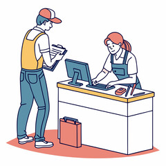 Vector illustration of service center counter with technician and customer, isolated on transparent background