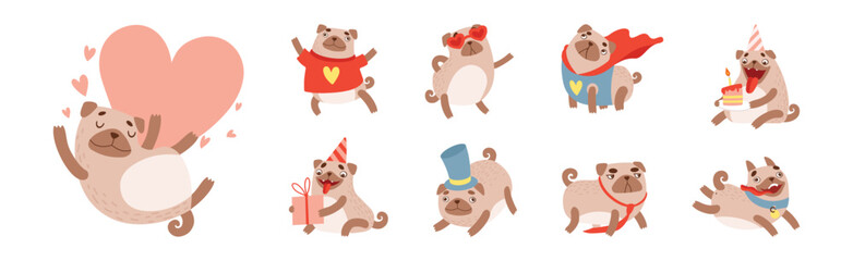 Funny Pug Dog Character Engaged in Different Activity Vector Set