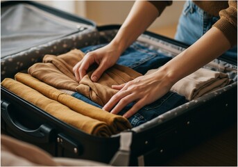 hands are tidying clothes in a suitcase for vacation, business trip, traveling