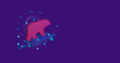 Pink bear symbol on a pedestal of abstract geometric shapes floating in the air. Abstract concept art with flying shapes on the left. 3d illustration on deep purple background