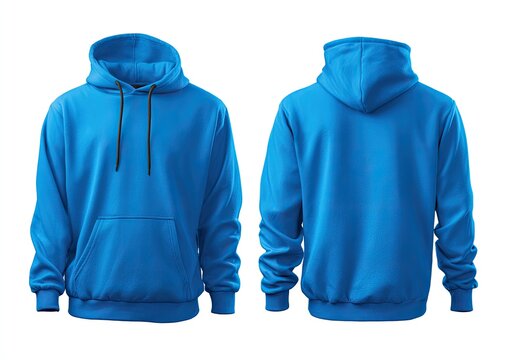 Front and back view of a vibrant blue hoodie.  Detailed mockup showcasing the design's  features, including a kangaroo pocket and drawstring closure