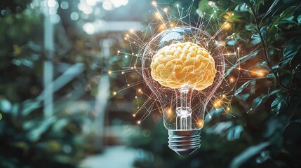 an innovative concept illustration of a glowing bulb inside a human brain, surrounded by green leaves, symbolizing eco-friendly thinking and technology-driven ideas