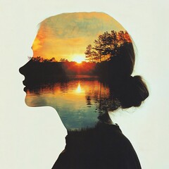surreal conceptual art featuring the silhouette of a woman's face blended with peaceful nature, expressing thoughts, emotions, and inner serenity
