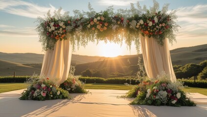 Elegant Wedding Arch Adorned with Flowers at Sunset Over Rolling Hills