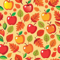 Autumn apples and leaves seamless pattern.