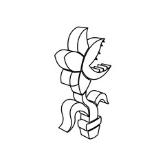 The outline of a large carnivorous plant symbol is made with black lines. 3D view of the object in perspective. Vector illustration on white background