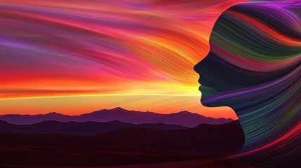 abstract art of a woman's face blending with cosmic colorful waves symbolizing mind, imagination, and emotional thinking
