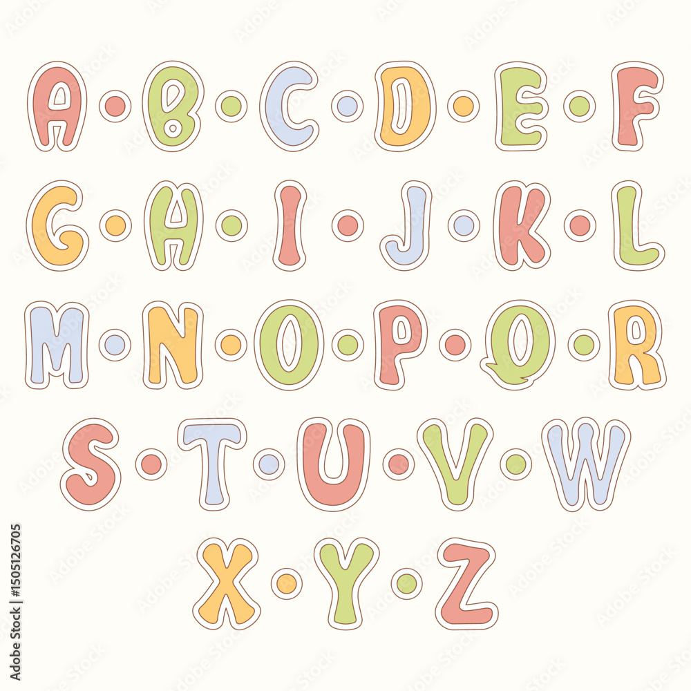 Fototapete english alphabet in different pastel colors. each letter is surrounded by a white outline and a smal