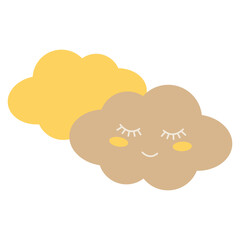 An image of two fluffy clouds, one of which is pale beige in color with a sweet smiling face and closed eyes, and the other is cheerful yellow.