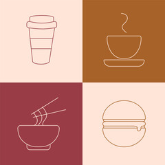 A set of icons with images of various food and beverages. A takeaway coffee cup, a tea cup with a saucer, a plate of noodles with chopsticks, and a juicy burger.