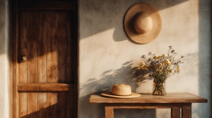 Sunlit Country Entryway with Straw Hats and Wildflowers on Wooden Table