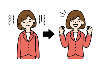 疲労回復した、女性会社員のベクターイラスト素材＿線幅の編集可能＿カラー