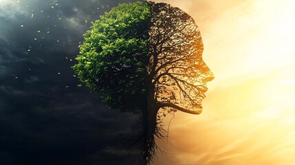 abstract illustration showing the dark and light sides of the human mind, with a split-face silhouette made of green tree leaves symbolizing thought, contrast, and psychological depth