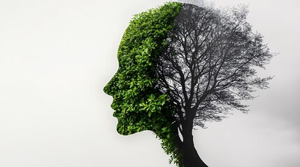 artistic representation of a woman’s face formed with green leaves and dry tree branches, symbolizing the contrast between growth and emptiness on a white background