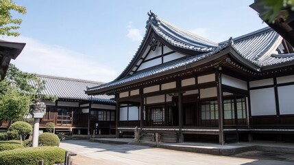 Fototapeta premium Exterior view of traditional Japanese architecture in Kyoto, showcasing intricate roof details and serene garden surroundings during daylight