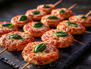 Miniature round pizzas on skewers
