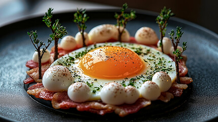 Sunny-side-up egg plated as an artistic landscape
