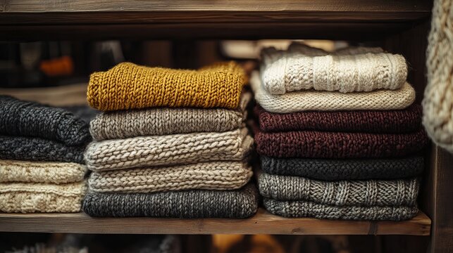 Stacks of folded knitted sweaters in various colors on a wooden shelf in a warm and cozy setting