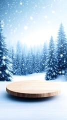 A light wood circular platform sits atop snow in front of a snowy evergreen forest with a soft, bright winter background